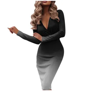 Women long sleeve gradient bodycon dress sexy deep v neck slim fit party clubwear dress