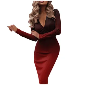 Women's Gradient Long Sleeve Deep V-Neck Bodycon Midi Dress Elegant Slim Party Clubwear