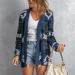 Close-up detail of women's geometric print knit cardigan, casual autumn long sleeve sweater.