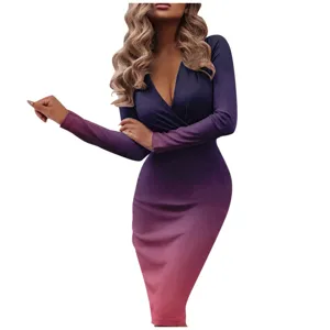 Gradient long sleeve deep V bodycon dress detail showcasing the sexy slim fit and elegant style.