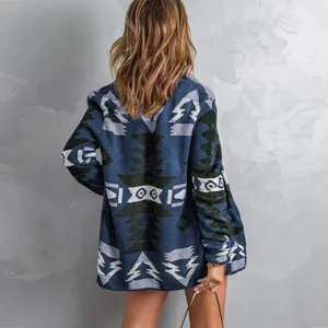 Women casual geometric print knit cardigan long sleeve open front cozy sweater winter