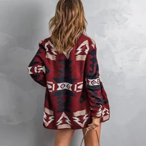 Women's boho geometric printed long sleeve open front knitted cardigan sweater outerwear.