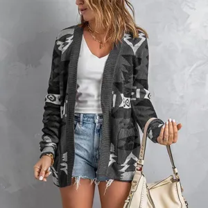 Detailed view of women's geometric print knit cardigan, long sleeve open front sweater style.