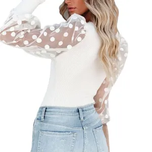 Top Manica Lunga Costine Donna Camicetta Moda Trasparente Pois Mesh Manica A Puffy