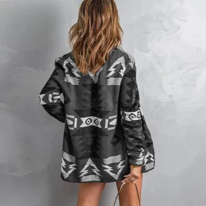 Women winter geometric pattern knit cardigan casual long sleeve sweater outerwear cozy style