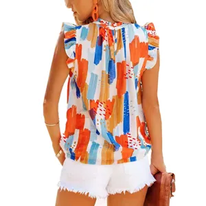 Summer women loose sleeveless top colorful abstract print chiffon blouse casual daily wear fashion
