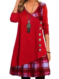 Women casual long sleeve plaid spliced dress with V-neck and decorative buttons for autumn.
