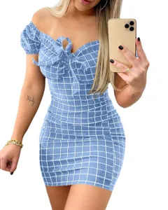 Sexy off-shoulder grid printed bodycon mini dress for women summer fashion outfit