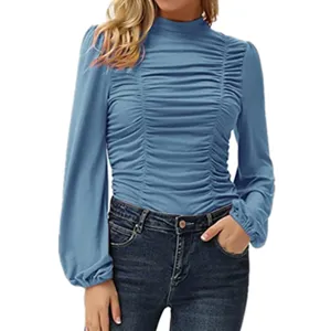Women solid color mock neck long puff sleeve ruched slim fit casual t-shirt top chic