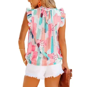 Detailed back view of women colorful abstract print sleeveless blouse with ruffle trim.