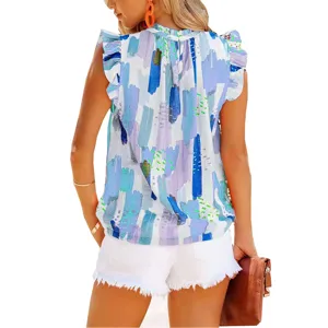 Sleeveless chiffon blouse with vibrant abstract print for women casual summer wear.