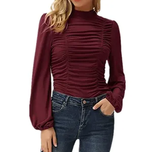 Women solid color mock neck long sleeve ruched slim fit casual t-shirt top apparel.