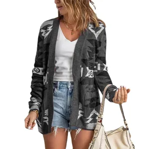Women's open front geometric print knitted cardigan sweater casual long sleeve outerwear autumn