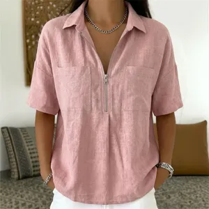 Women casual solid color short sleeve lapel zip V-neck loose summer blouse top detail view