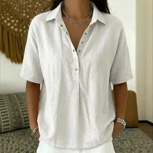 Casual solid color lapel short sleeve button down loose linen shirt top for women daily wear.