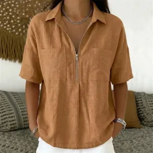 Detail view of the casual short sleeve shirt featuring front zipper and lapel collar design.