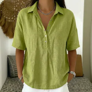 Casual green lapel short sleeve blouse detail showcasing comfortable fabric and button front.