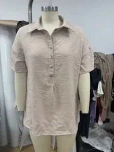 Loose comfortable lapel short sleeve solid color t-shirt for women summer casual wear.
