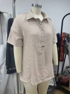Casual loose lapel short sleeve solid color women's blouse summer comfortable basic top