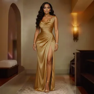 Elegant gold sleeveless high waist slit evening dress women formal party maxi gown main