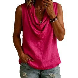 Women summer casual solid color cowl neck sleeveless tank top fashion daily wear breathable
