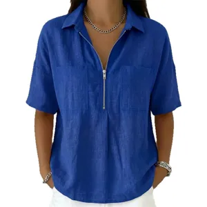 Casual loose lapel short sleeve V neck zipper solid color T-shirt for women summer daily wear