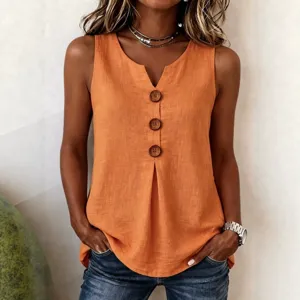 Women's V-Neck Button-Front Pleated Hem Sleeveless Tank Top Casual Loose Summer Blouse