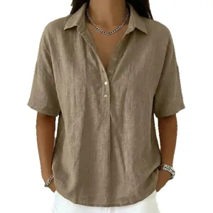 Women casual solid color loose short sleeve lapel button cotton linen blouse top