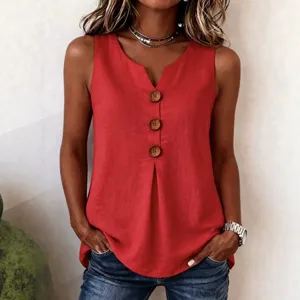 Casual red sleeveless tank top featuring v-neck, front buttons and pleated hem for women.