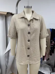 Chemise unie à revers manches courtes décontractée ample à boutons pour femme été haut quotidien