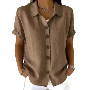 Chemisier femme uni col revers manches courtes avec boutons style decontracte ete.