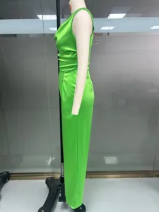 Green sleeveless cowl neck satin jumpsuit wide leg romper elegant party clubwear outfit
