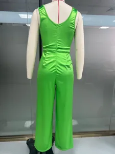 Green satin jumpsuit back detail, sleeveless V-neck wide leg trousers fashion apparel showcase.