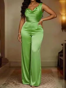 Green satin sleeveless cowl neck jumpsuit close-up view, elegant party evening wear detail.