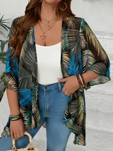 Tropical print chiffon cardigan loose vacation style sun protection outerwear detail