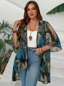 Tropical print chiffon cardigan for women, lightweight summer resort wear kimono sun protection top.