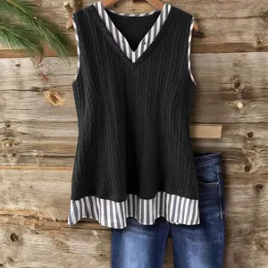 Chaleco sin mangas de punto negro para mujer con patchwork a rayas top casual holgado.