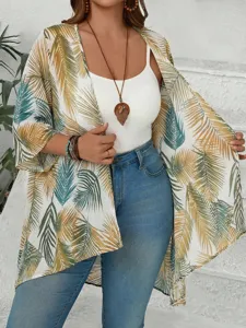 Detail view of the tropical palm leaf print chiffon kimono cardigan showcasing the lightweight fabric texture.