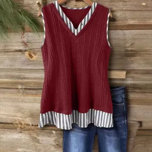Mujer casual cuello V sin mangas chaleco de punto a rayas patchwork top verano chic