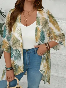 Tropical palm leaf print chiffon kimono cardigan detail, perfect summer beach cover up.