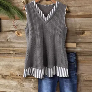 Mujer chaleco de punto gris sin mangas cuello en V con rayas empalmadas top holgado primavera.