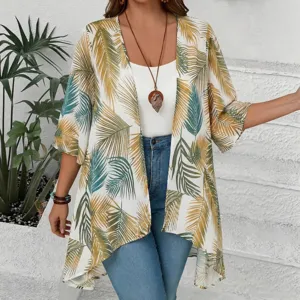 Summer tropical print chiffon cardigan for women, loose resort style sunscreen beach cover up.