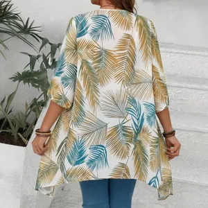 Tropical print chiffon cardigan women vacation loose sun protection beach cover up top