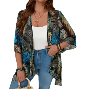 Women tropical print chiffon cardigan loose summer beach cover up stylish outerwear top
