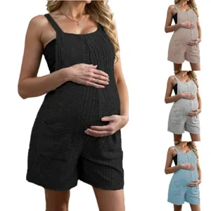 Maternity Ribbed Romper Sleeveless Bib Overalls Casual Summer Jumpsuit Shorts With Pockets For Pregnant Women Stretch Jumpsuit
