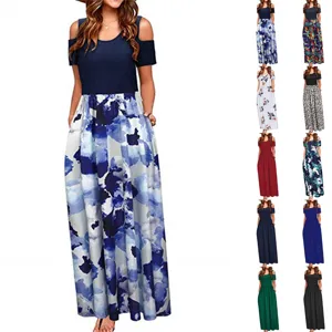 Women Cold Shoulder Maxi Dress Short Flutter Sleeve Floral Print Patchwork Long Dress Casual Summer Party A-Line Dress With Pockets