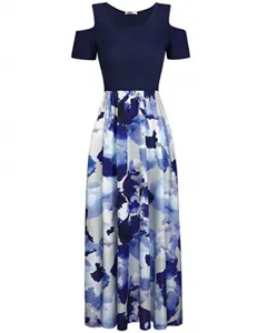 Women's short sleeve cold shoulder color block abstract floral print maxi long dress