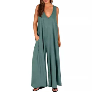 Women Summer Casual V-Neck Pocket Loose Jumpsuit Sleeveless Wide Leg Pants Green New
