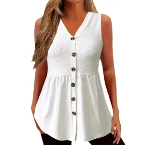Donna colore unito scollo V smanicato monopetto gilet casual moda estate top nuovo