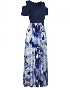 Detail view of the cold shoulder patchwork maxi dress with blue floral printed skirt.